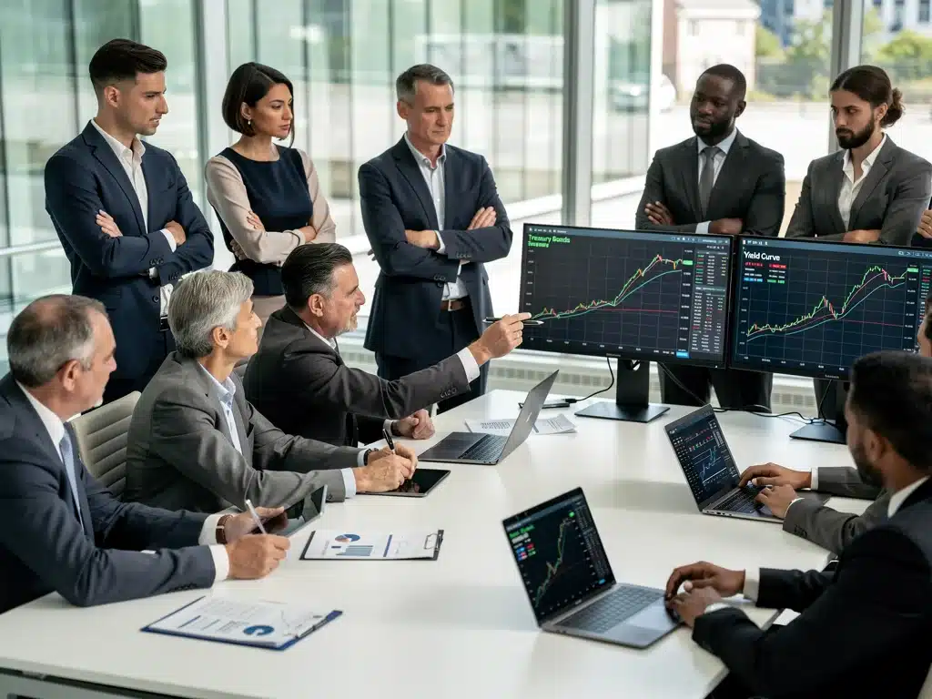 Investors analyzing financial data on screens