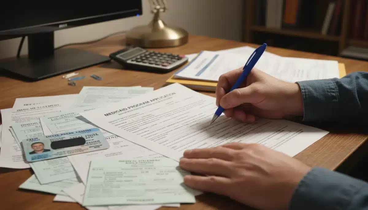 Hands completing a Medicaid application form with supporting documents.