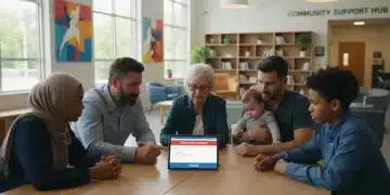 Diverse individuals reviewing Medicaid enrollment forms on a tablet.