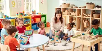 Children learning in a modern preschool classroom with educational technology