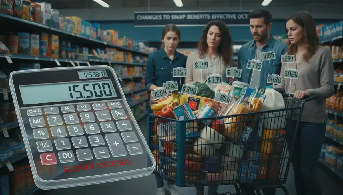 Grocery items and a calculator symbolizing household budgeting challenges amid SNAP benefit adjustments.