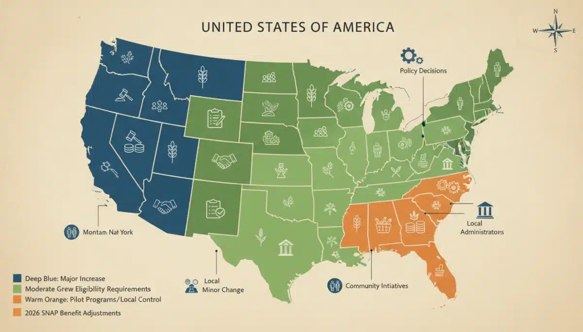 US map illustrating state-specific variations in 2026 SNAP benefit policy changes.
