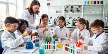 Children conducting science experiment in modern classroom, representing STEM education and grants.