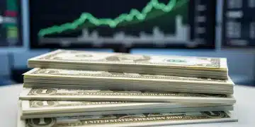 US Treasury bonds stacked, financial charts in background