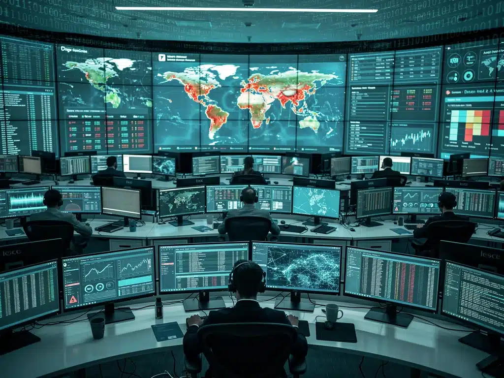 Cybersecurity operations center with analysts monitoring real-time threat intelligence and responding to incidents.