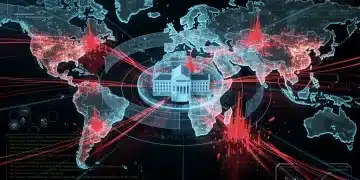 Illustration of global cyber warfare targeting a federal building, symbolizing cybersecurity threats in 2026 and state-sponsored attacks.