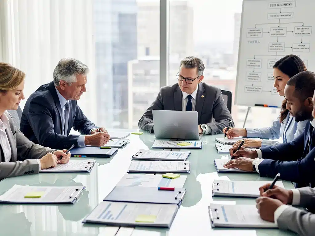 Financial advisors and clients discussing complex federal regulations for estate planning