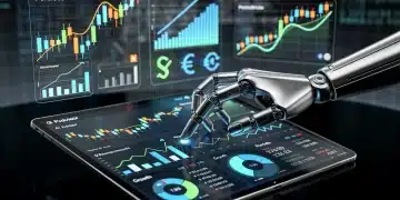 Futuristic interface with financial data and robot hand for automated investing