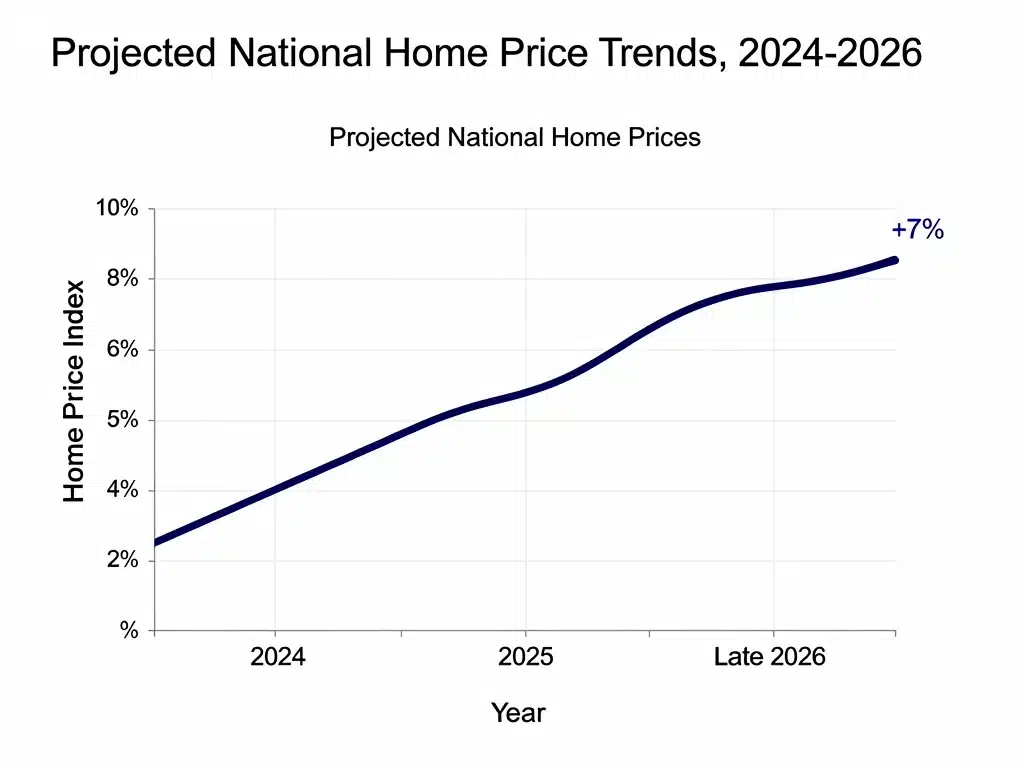 Graph showing projected national home price trends towards a 7% shift by late 2026, illustrating the Housing Market Outlook for Late 2026.