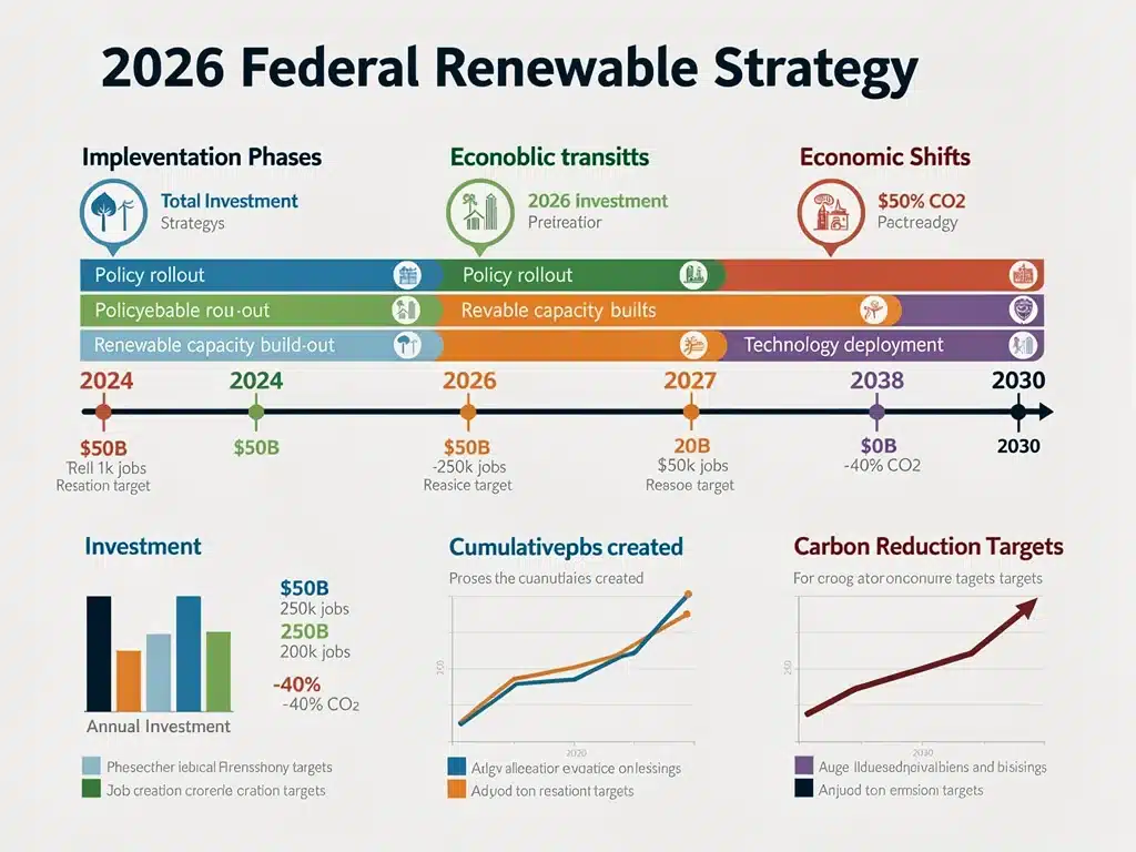Infographic detailing the timeline and economic projections of the 2026 Federal Renewable Strategy.