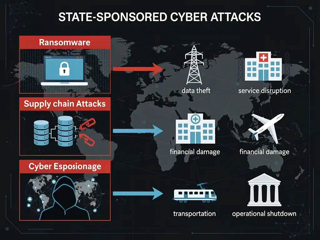 Infographic detailing various state-sponsored cyber attack methods and their targets within critical infrastructure.