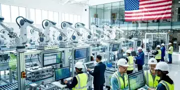 Modern US manufacturing facility showcasing advanced robotics and skilled workforce, representing domestic production growth.