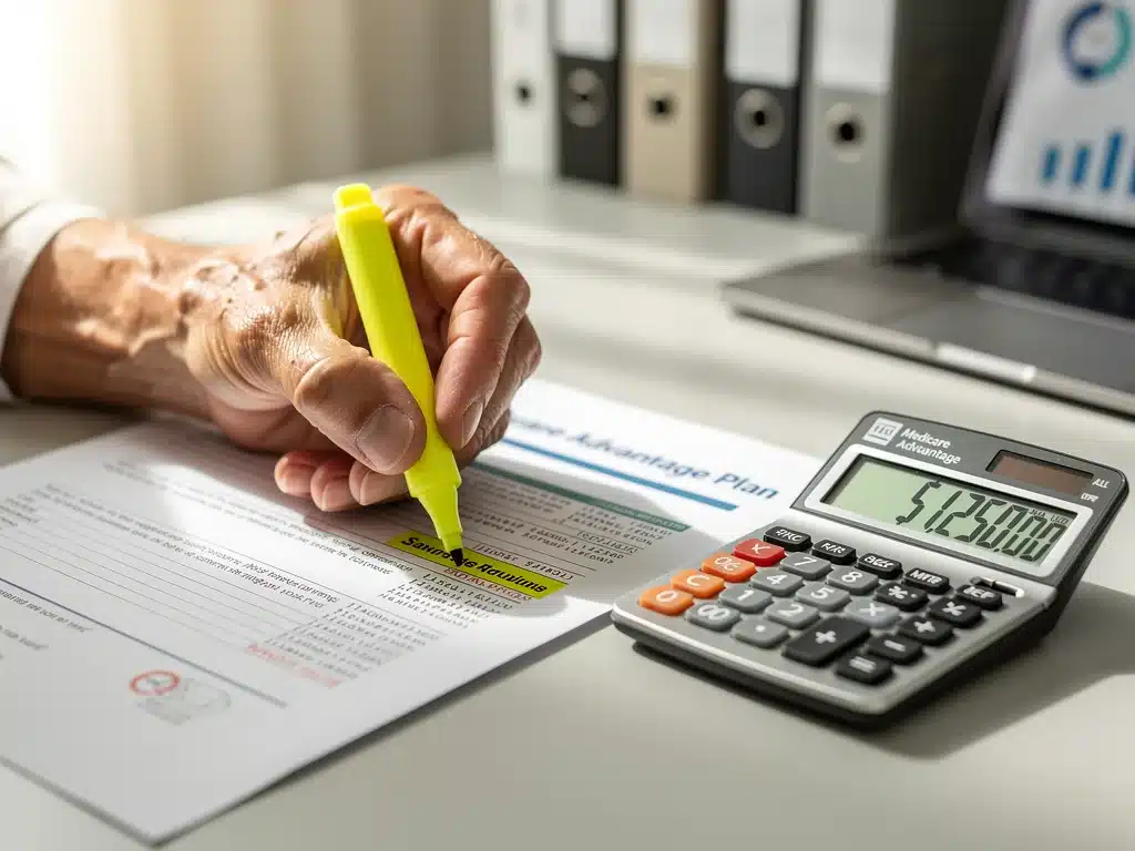 Hand pointing to Medicare Advantage plan benefits with calculator showing savings.