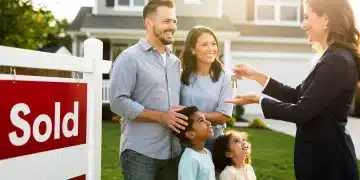 Family receiving keys to new home with real estate agent, representing homeownership success