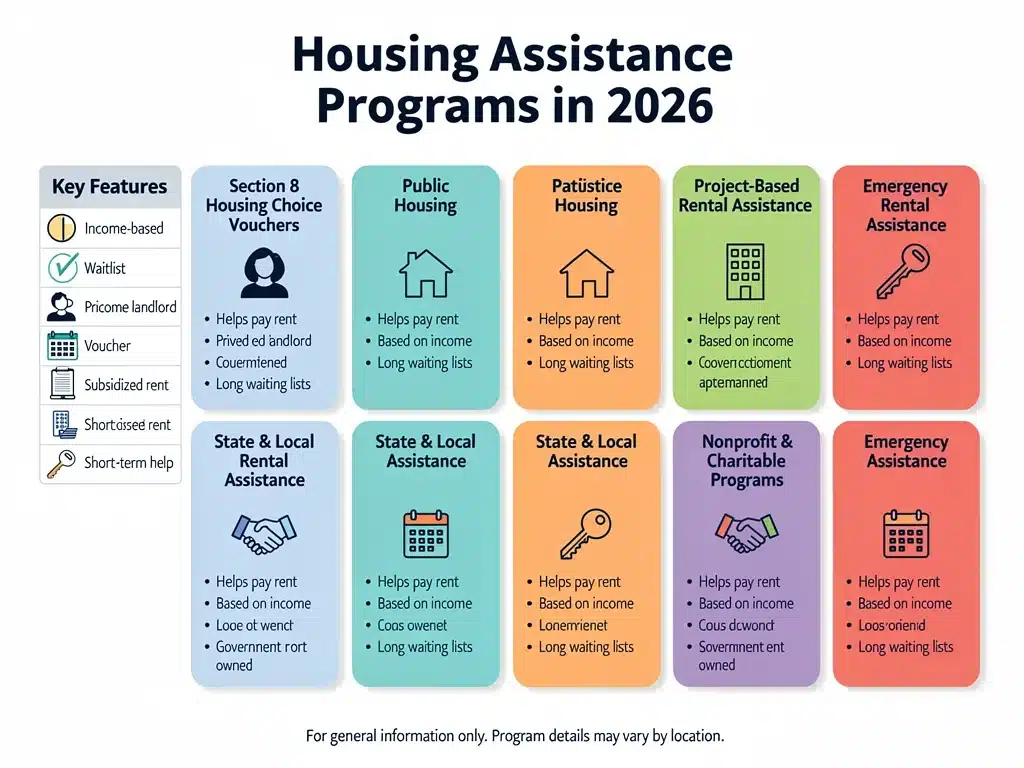 Infographic detailing various Housing Assistance Programs 2026, including Section 8.