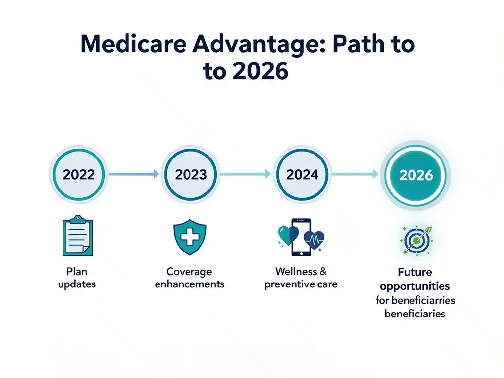Timeline graphic showing key benefit enhancements for Medicare Advantage Plans 2026.