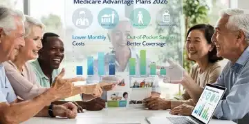 Seniors reviewing Medicare Advantage Plans 2026 documents with financial savings charts.
